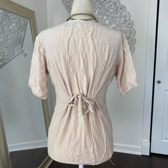 Boho Cottagecore Milkmaid Cream Tan Embroidered Lace Button Down Blouse Top OS - Picture 5 of 7